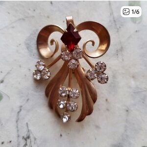 Vintage Estate Gold and Red Rhinestone Brooch